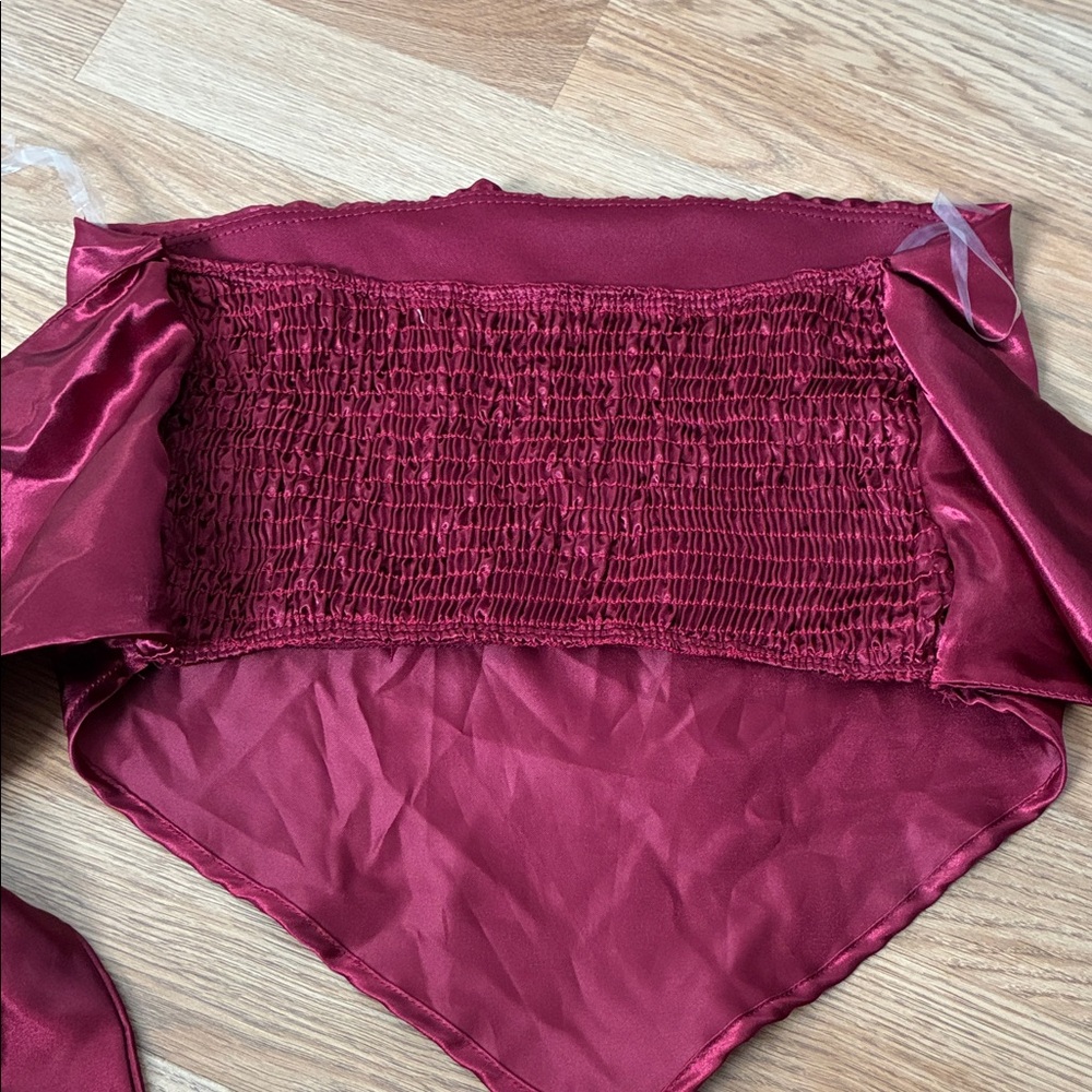 Burgundy Satin Handkerchief Bandeau Top Smocked Back Tie Front Wine Red Medium - Picture 2 of 4
